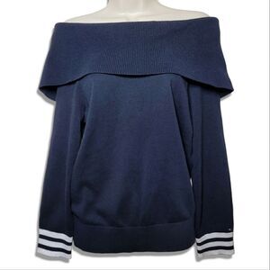Tommy Hilfiger Sky Captain Navy Cowl Neck Off-The-Shoulder Ribbed Sweater